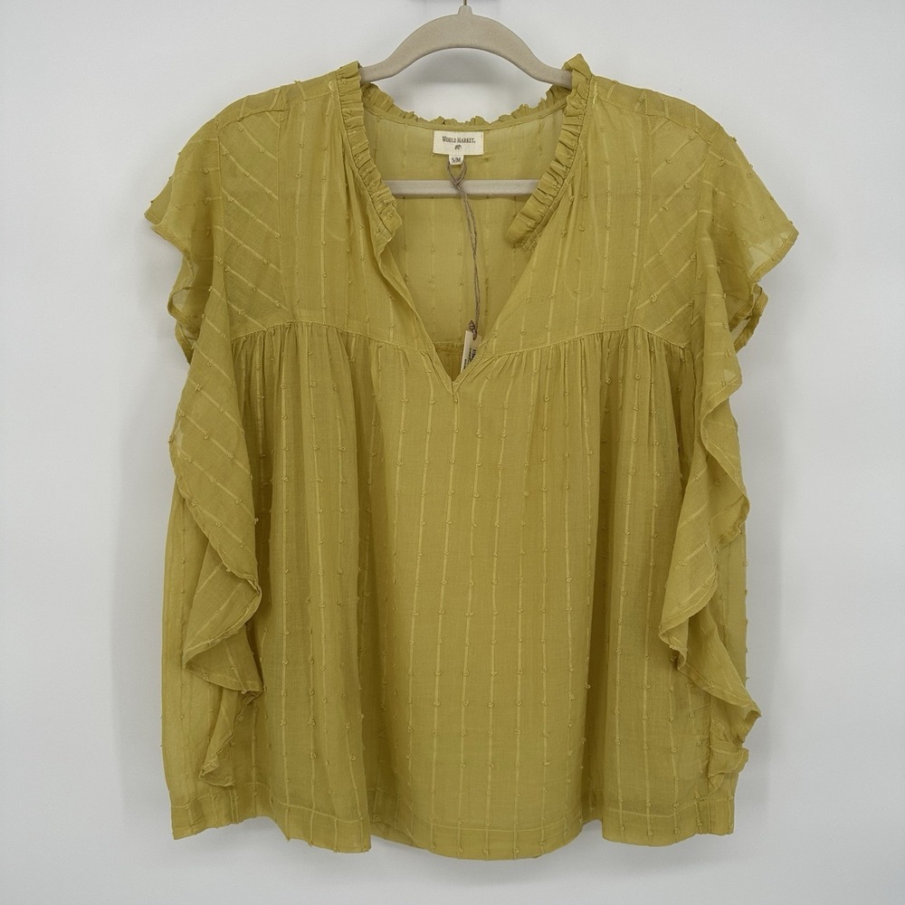 World Market Women's Mustard Yellow Blouse Boho Cottagecore Romantic Size‎ S/M